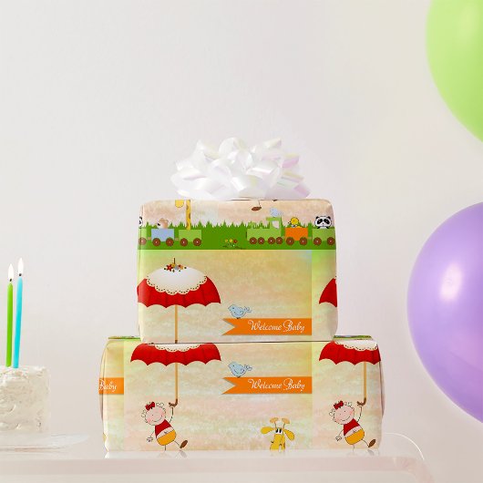Papier Cadeau Train baby shower avec Animaux et Parapluie