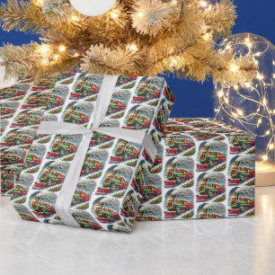 Papier Cadeau Train de Noël festif carrelé