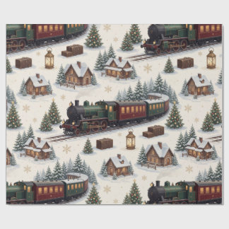 Papier Cadeau Train de Noël Vintage Aventure Village d'Hiver
