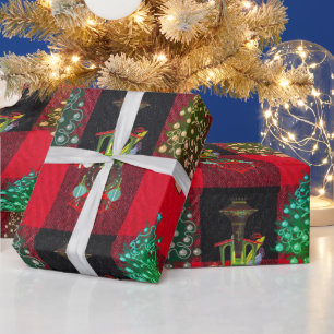 Papier Cadeau Trains et arbres de Noël sur plaid Black Red