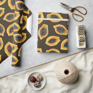 Papier Cadeau Tranches de papaye sur fond brun foncé