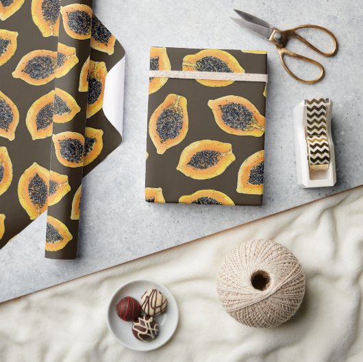 Papier Cadeau Tranches de papaye sur fond brun foncé (Artisanat)