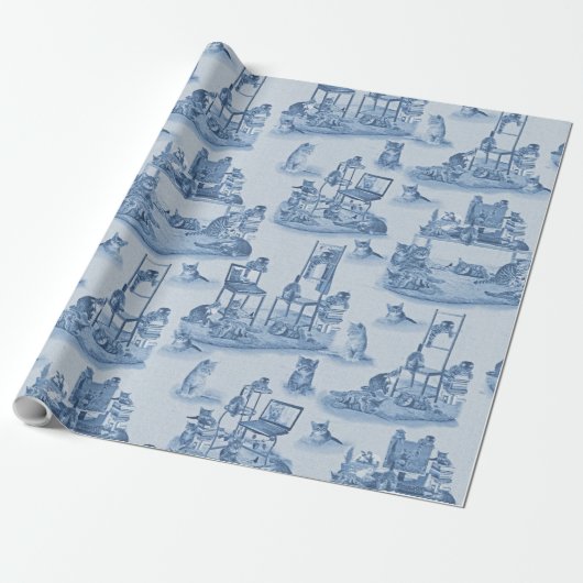 Papier Cadeau Travailler de la maison avec mes chats Delft Blue  (Déroulé)
