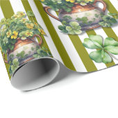 Papier Cadeau Trèfle rayé vert olive Pot Saint-Patrick (Coin rond)