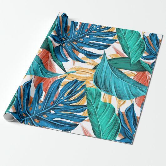 Papier Cadeau Trendy Orange Jaune Vert Tropical Jungle Feuilles (Déroulé)