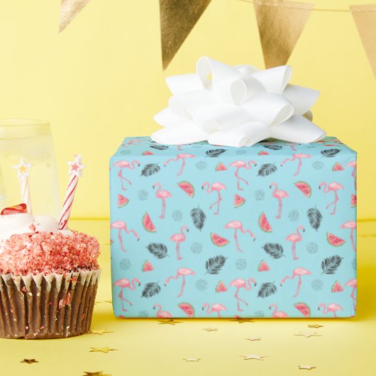 Papier Cadeau Trendy Tropical Flamingo & Watermelon Pattern (Fête d'anniversaire)