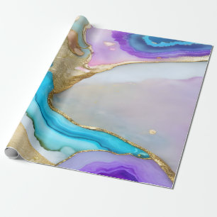 Papier Cadeau Trendy Violet Bleu Or Marbre Granite Pierre