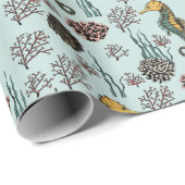 Papier Cadeau Trésors balnéaires Hippocampe et corail Nautique (Coin rond)