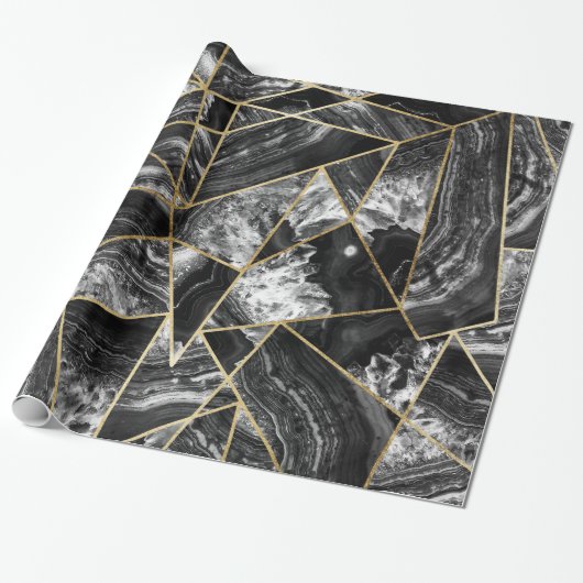 Papier Cadeau Triangles géométriques d'agate d'or blanc noir de (Déroulé)