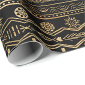 Papier Cadeau Tribal aztèque géométrique en or noir (Coin rond)