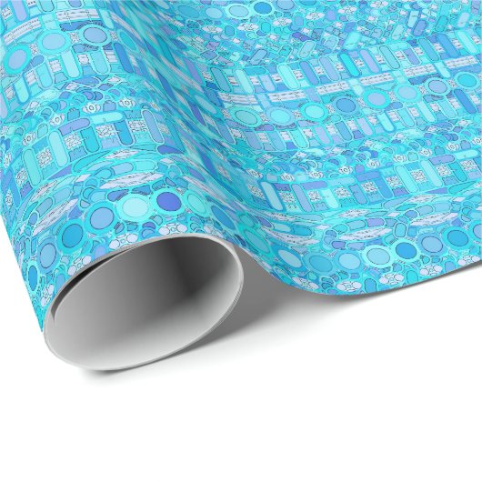 Papier Cadeau Tribal Batik - tons bleu turquoise (Coin rond)
