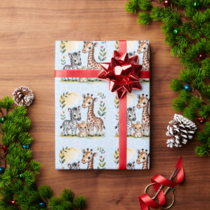 Papier Cadeau Trio d'animaux de safari mignons pour la fête de b