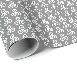 Papier Cadeau Triple spirale celtique blanche Triskele sur gris 