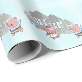 Papier Cadeau Trois petits cochons avec leurs maisons