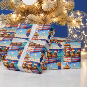 Papier Cadeau Trois phoques avec des chapeaux de Père Noël Joyeu