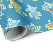 Papier Cadeau Trois robots colorés enveloppant du papier (Coin rond)