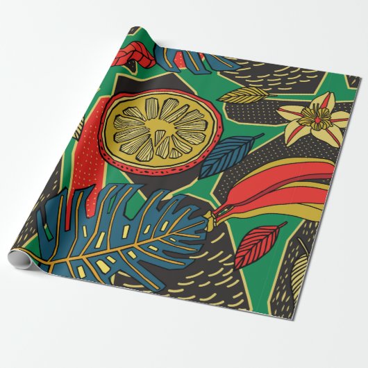 Papier Cadeau Tropical floral pattern in doodle style with fruit (Déroulé)