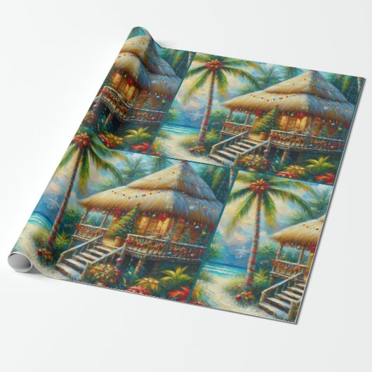 Papier Cadeau Tropical Hut Christmas Palm Tree Beach Decoupage (Déroulé)
