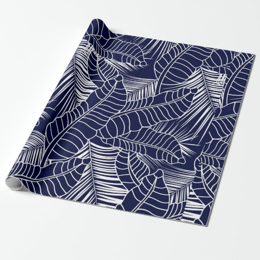 Papier Cadeau tropical leaf pattern on the navy blue background (Déroulé)