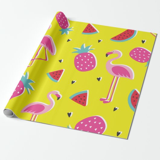 Papier Cadeau  tropical patternwith pink pineapple, flamingos, w (Déroulé)