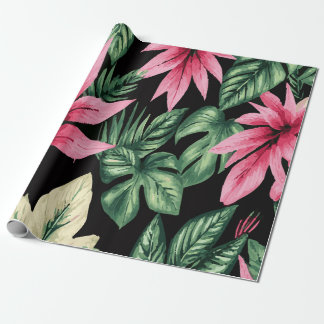 Papier Cadeau Tropical Pink Flowers and Green Palm Leaves Patter