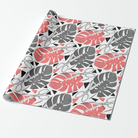 Papier Cadeau Tropical print monstera leaves scissors jungle exo (Déroulé)
