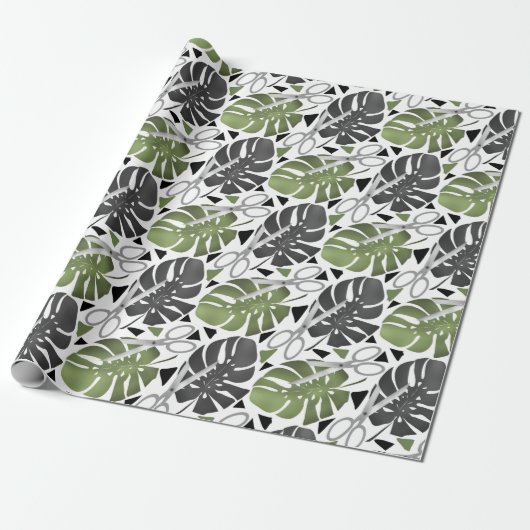 Papier Cadeau Tropical print monstera leaves scissors jungle exo (Déroulé)