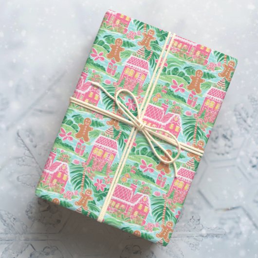 Papier Cadeau Tropical rose et vert Noël Ville