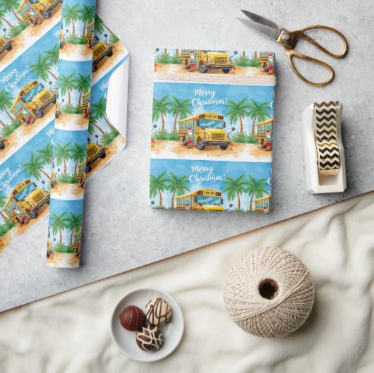 Papier Cadeau Tropical School Bus Christmas with Santa  (Artisanat)
