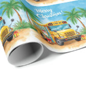 Papier Cadeau Tropical School Bus Christmas with Santa  (Coin rond)