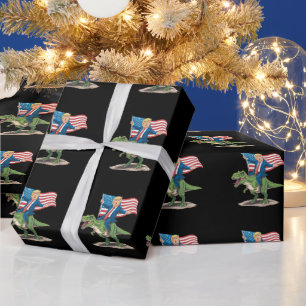 Papier Cadeau Trump à cheval sur un dinosaure T Rex drapeau amér