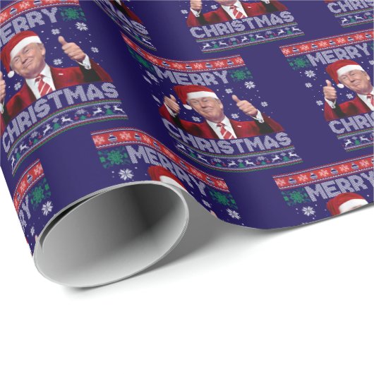 Papier Cadeau Trump Santa Hat Joyeux Noël Laide Sweat Bleu (Coin rond)