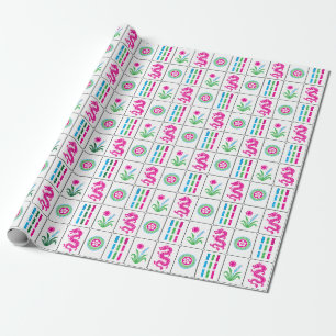 Papier Cadeau Tuiles de mahjong LG #4 Rose Vert Capri Bleu Blanc