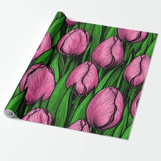 Papier Cadeau Tulières roses avec feuilles verts (Déroulé)