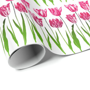 Papier Cadeau Tulip Garden Imprimer en rose et vert Fuchsia