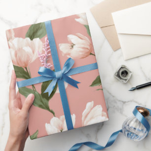 Papier Cadeau Tulipe Rose Pâle Motif Floral Blanc