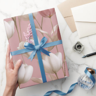 Papier Cadeau Tulipe Rose Pâle Motif Floral Blanc