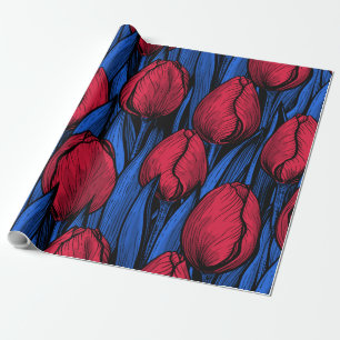 Papier Cadeau Tulipes en rouge et bleu