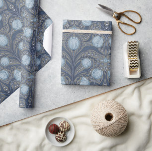 Papier Cadeau Tulipes Rétro Nouveau en bleu et étain
