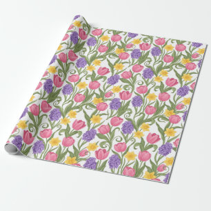 Papier Cadeau Tulipes roses, jonquilles jaunes, jacinthes violet