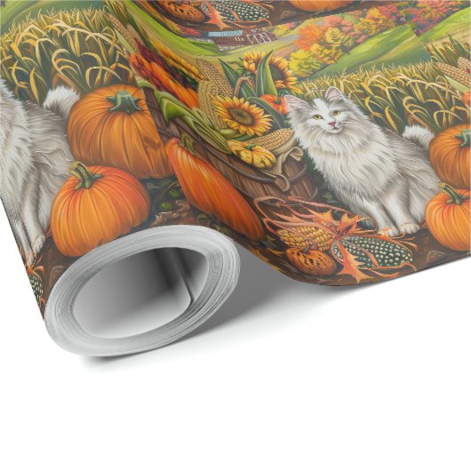Papier Cadeau Turc Angora Chat automne récolte Thanksgiving (Coin rond)