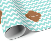 Papier Cadeau Turq / Aqua Wht Chevron Brown Quatrefoil Monogramm (Coin rond)
