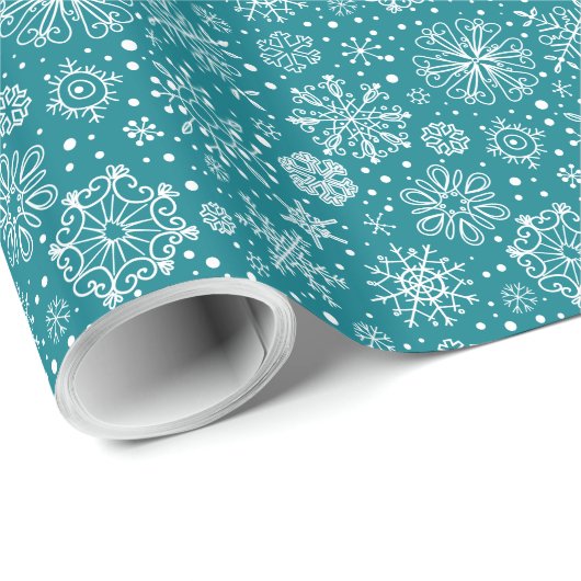 Papier Cadeau Turquoise & Blanc Abstrait Snowflakes (Coin rond)