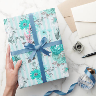 Papier Cadeau Turquoise Bleu & Blanc Floral Rayé Toute Occasion