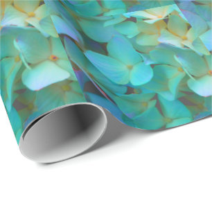 Papier Cadeau Turquoise bleu jaune rose hydrangée fleurs florale