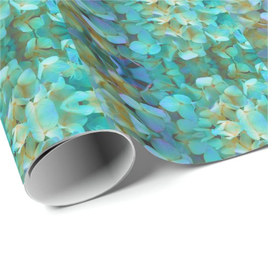 Papier Cadeau Turquoise bleu jaune rose hydrangée fleurs florale (Coin rond)