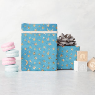 Papier Cadeau Turquoise Bleu Or Étoiles et Lunes
