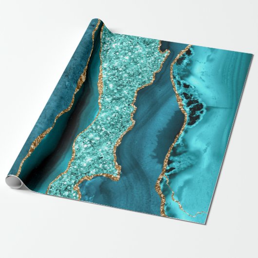 Papier Cadeau Turquoise Blue Gold Parties scintillant marbre Aqu (Déroulé)