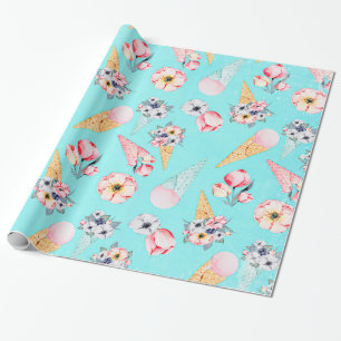 Papier Cadeau Turquoise Été Fun Flower Ice Cream Cone - Motif
