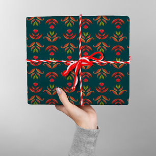 Papier Cadeau Turquoise Folk Art Floral Cosy & Rustique Noël